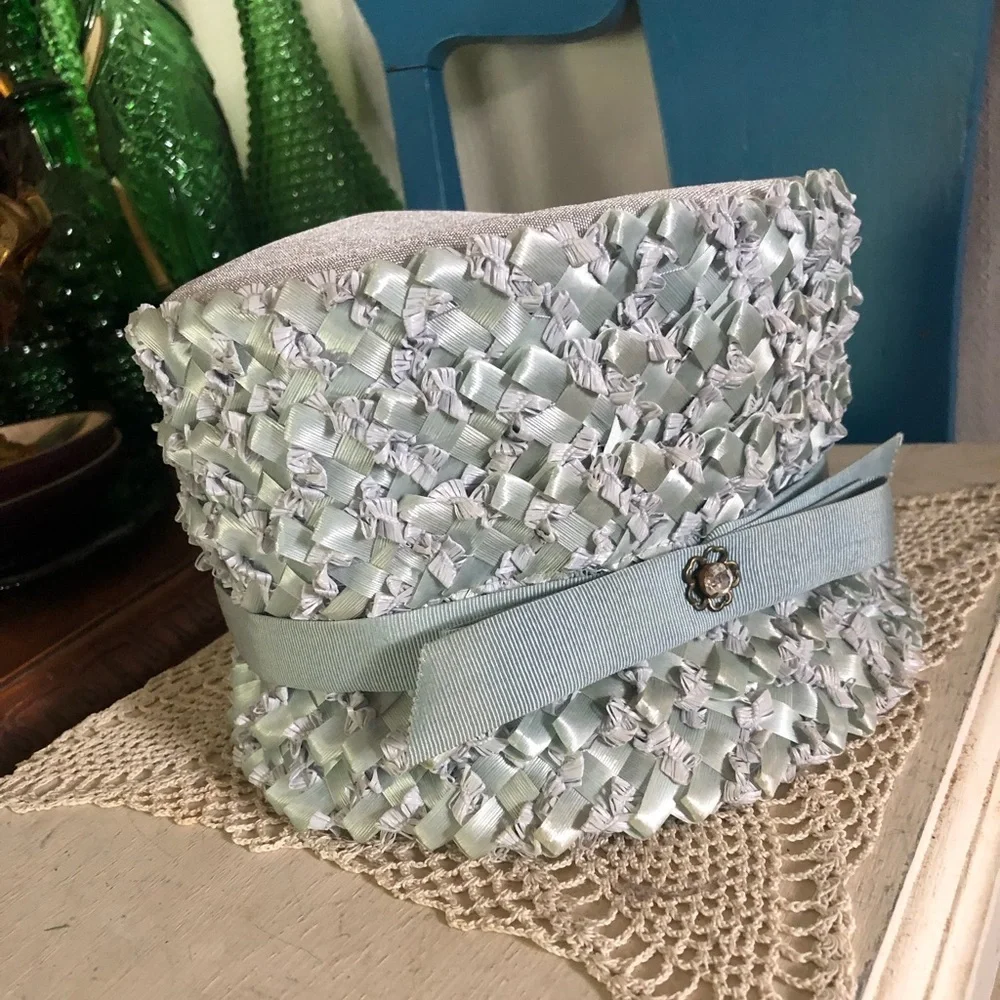 Vintage Baby Blue Raffia Straw Bucket Hat - Picture 3 of 7